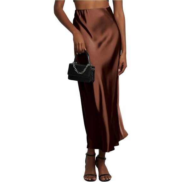 Dresses & Skirts - Women Chestnut Brown 100% Polyester Satin A Line Long Elegant Office Maxi Skirts